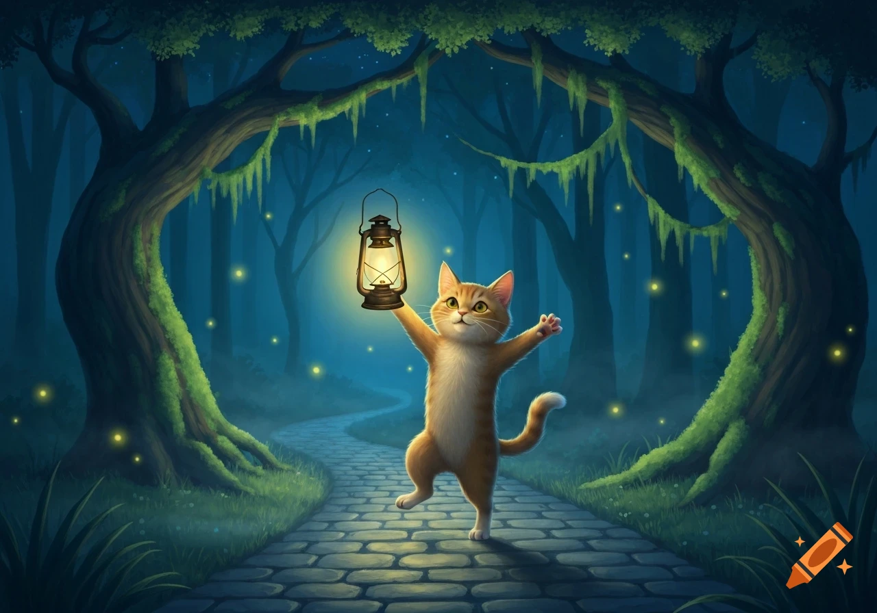 A happy cartoon cat walks on a cobblestone path through a dark, enchanted forest, holding a glowing lantern.