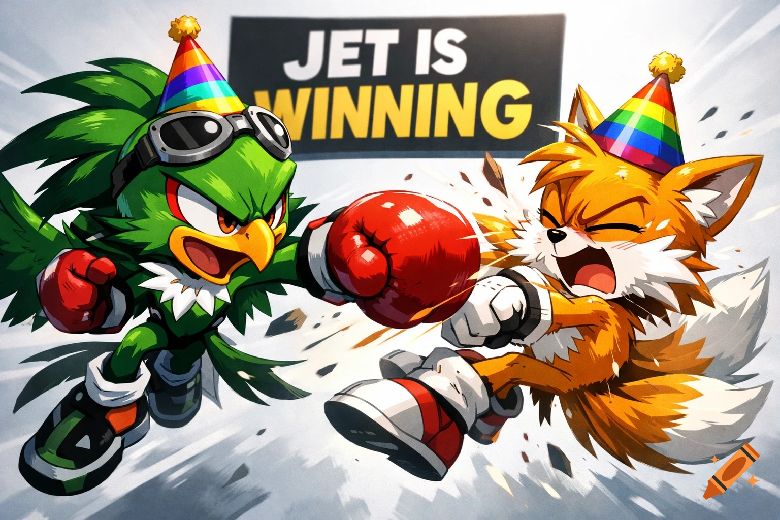 Cartoon characters Jet the Hawk and Tails the Fox boxing. Jet punches Tails, who recoils. Both wear rainbow party hats, with a 'JET IS WINNING' sign.