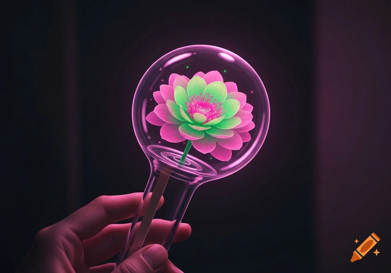 A hand holds a glowing glass lightstick containing a vibrant pink and green lotus flower. The scene is dark with neon accents.