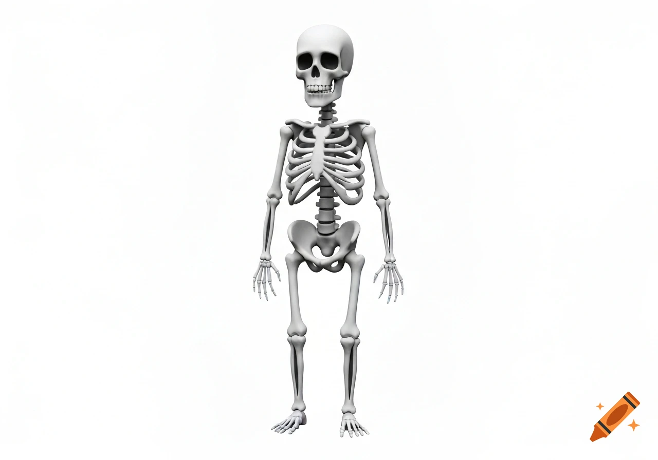 A simple 3D cartoon-style skeleton standing in a T-pose against a white background.