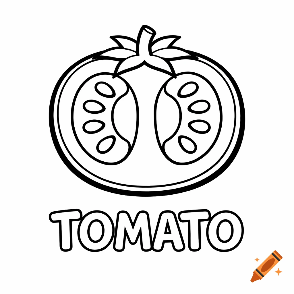 Black and white line art coloring page of a tomato sliced in half, with the word TOMATO below.