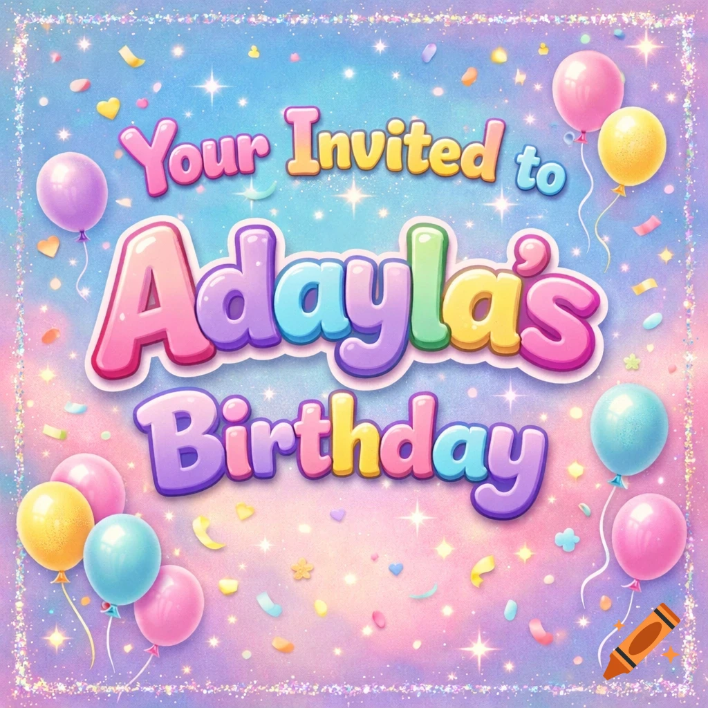 Colorful, sparkly birthday invitation with balloons and confetti, featuring the text "Your Invited to Adayla's Birthday".