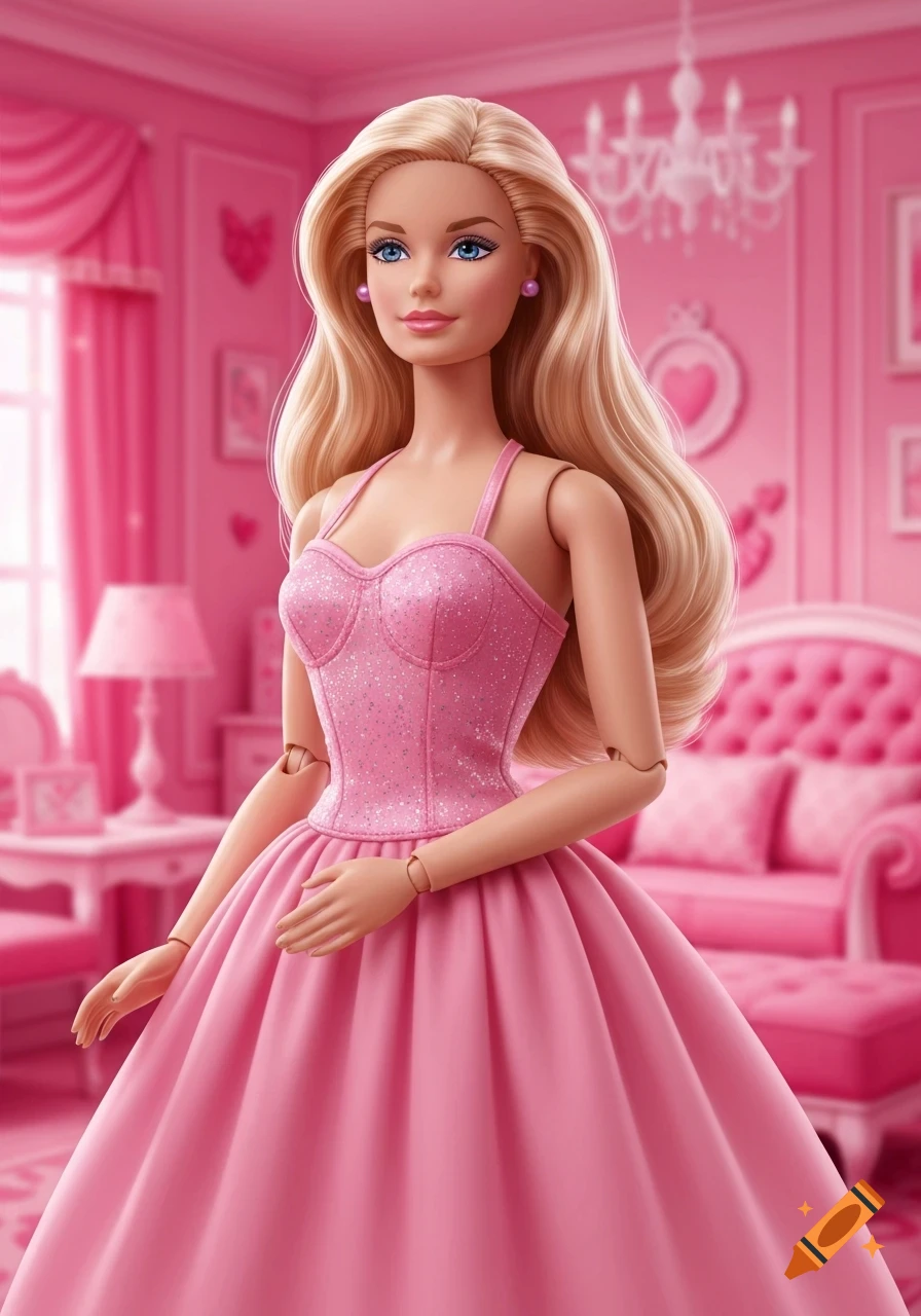 A photorealistic Barbie doll in a sparkling pink dress stands in a vibrant pink bedroom.