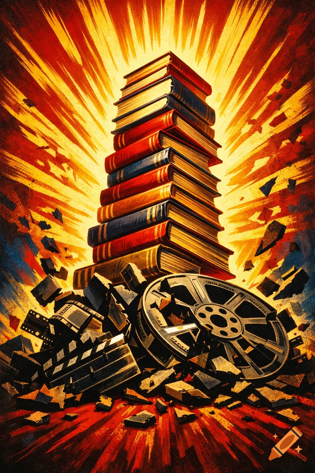 A propaganda-style image featuring a tall, glowing stack of books triumphing over a shattered film reel, against a fiery, dramatic background.