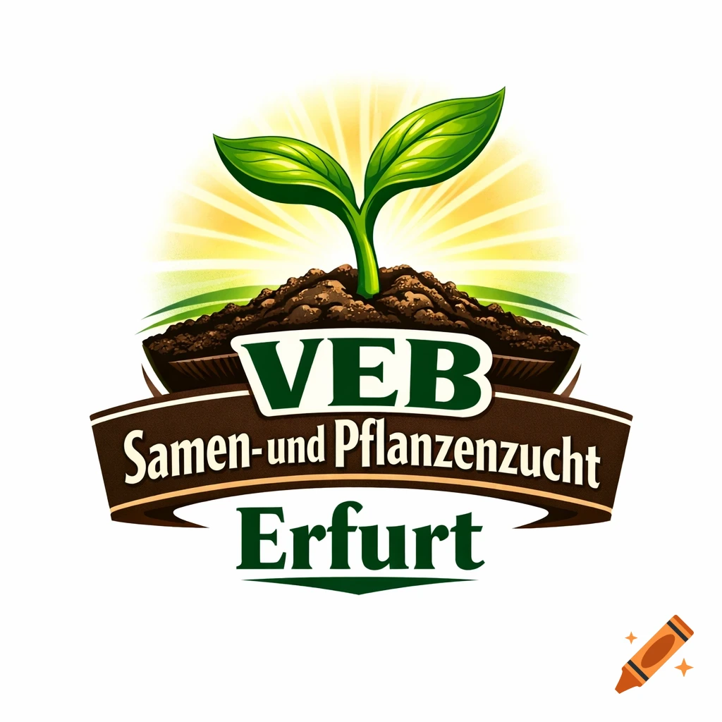 Logo of a green plant sprout emerging from soil, with sun rays behind it and the text VEB Samen- und Pflanzenzucht Erfurt on a banner.
