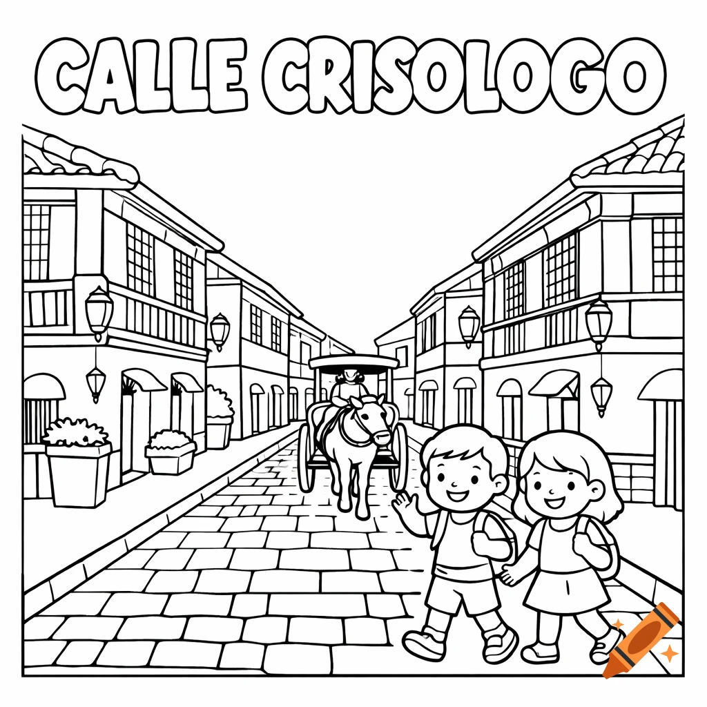 A coloring book page shows two smiling kids walking on a cobblestone street, with old Spanish houses and a horse-drawn carriage in the background. The text "CALLE CRISOLOGO" is at the top.