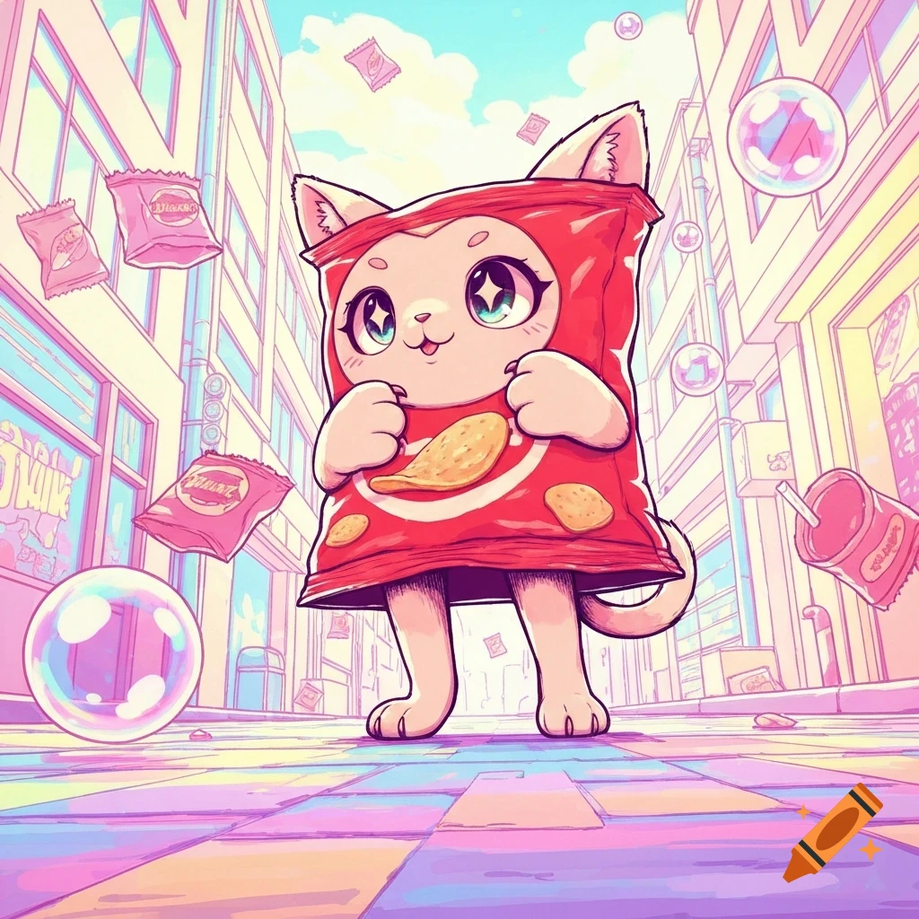 A cute, stylized cat-like creature wearing a red chip bag costume, standing on a colorful tiled street in a pastel city, with floating snack bags and bubbles in a manga style.