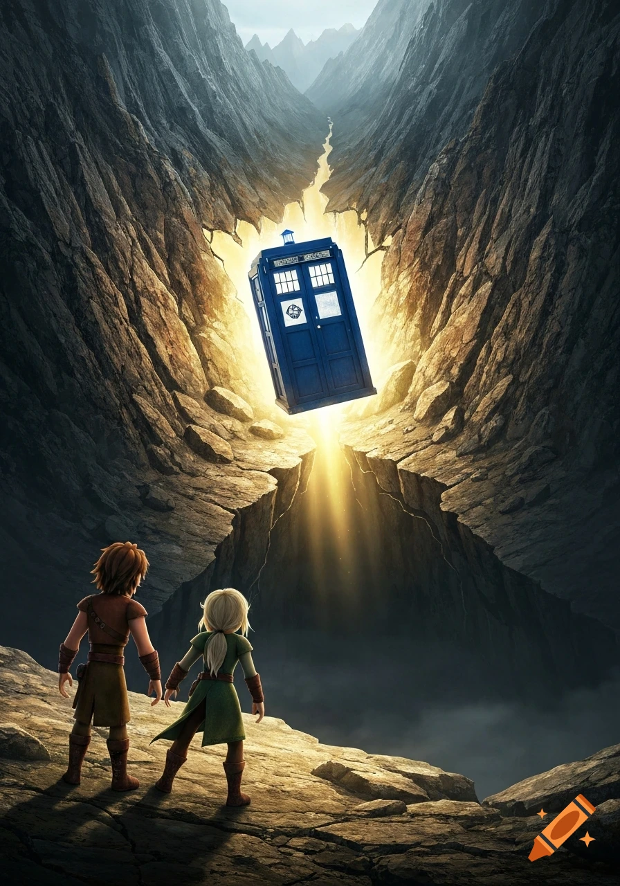 Animated Hiccup and Astrid look into a deep, glowing mountain chasm where a blue TARDIS floats, emitting golden light.