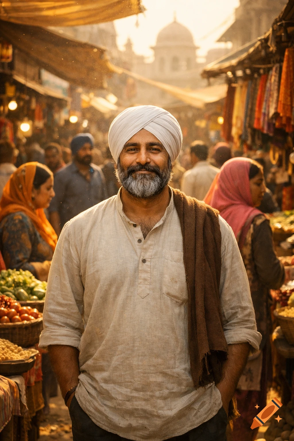 A smiling man with a white turban and gray beard stands in a bustling, sun-drenched outdoor market.