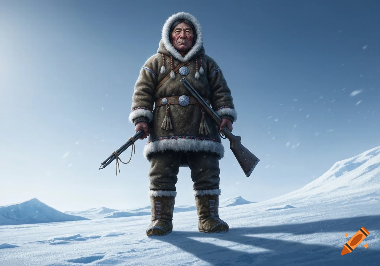 Photorealistic image of a rugged Inuit man in traditional furs, holding a spear and a rifle, standing on a vast snowy landscape.