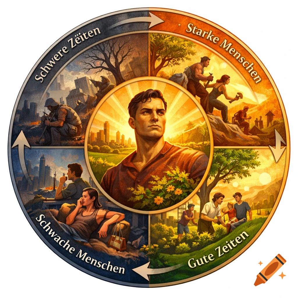 A circular allegorical illustration depicting a socio-economic cycle with four labeled quadrants: Hard Times, Strong People, Good Times, and Weak People, with a central figure looking forward.