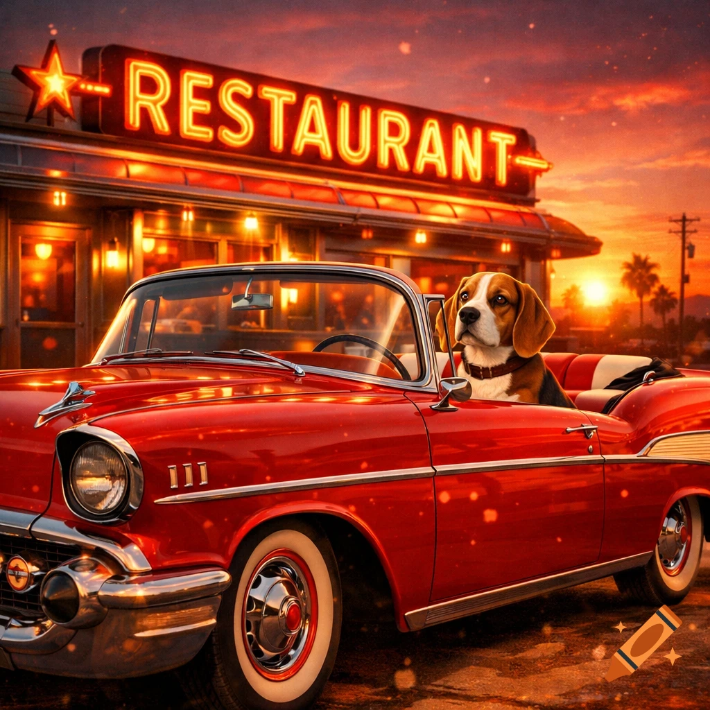 A beagle dog sits in a red vintage convertible car in front of a neon 'RESTAURANT' sign at sunset.
