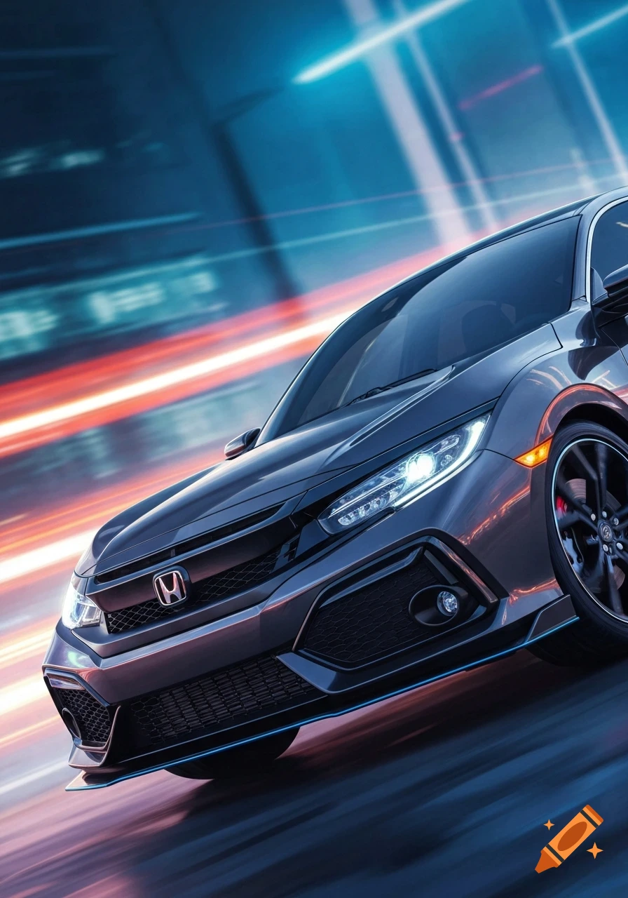 A dark grey Honda Civic driving at high speed with red and blue motion blur in the background, showing its front-right side.