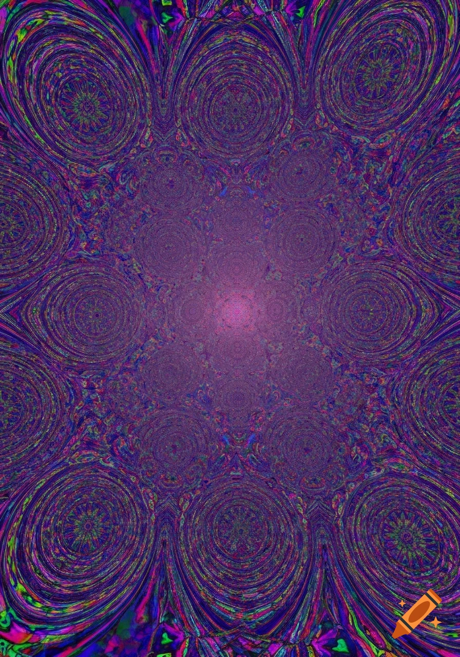 A vibrant, intricate psychedelic pattern in shades of purple, blue, green, and pink, with swirling concentric circles and a bright central glow.