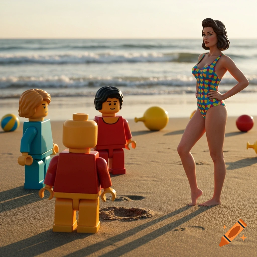 A woman in a colorful swimsuit stands on a beach with three Lego minifigures and beach balls, ocean in background.