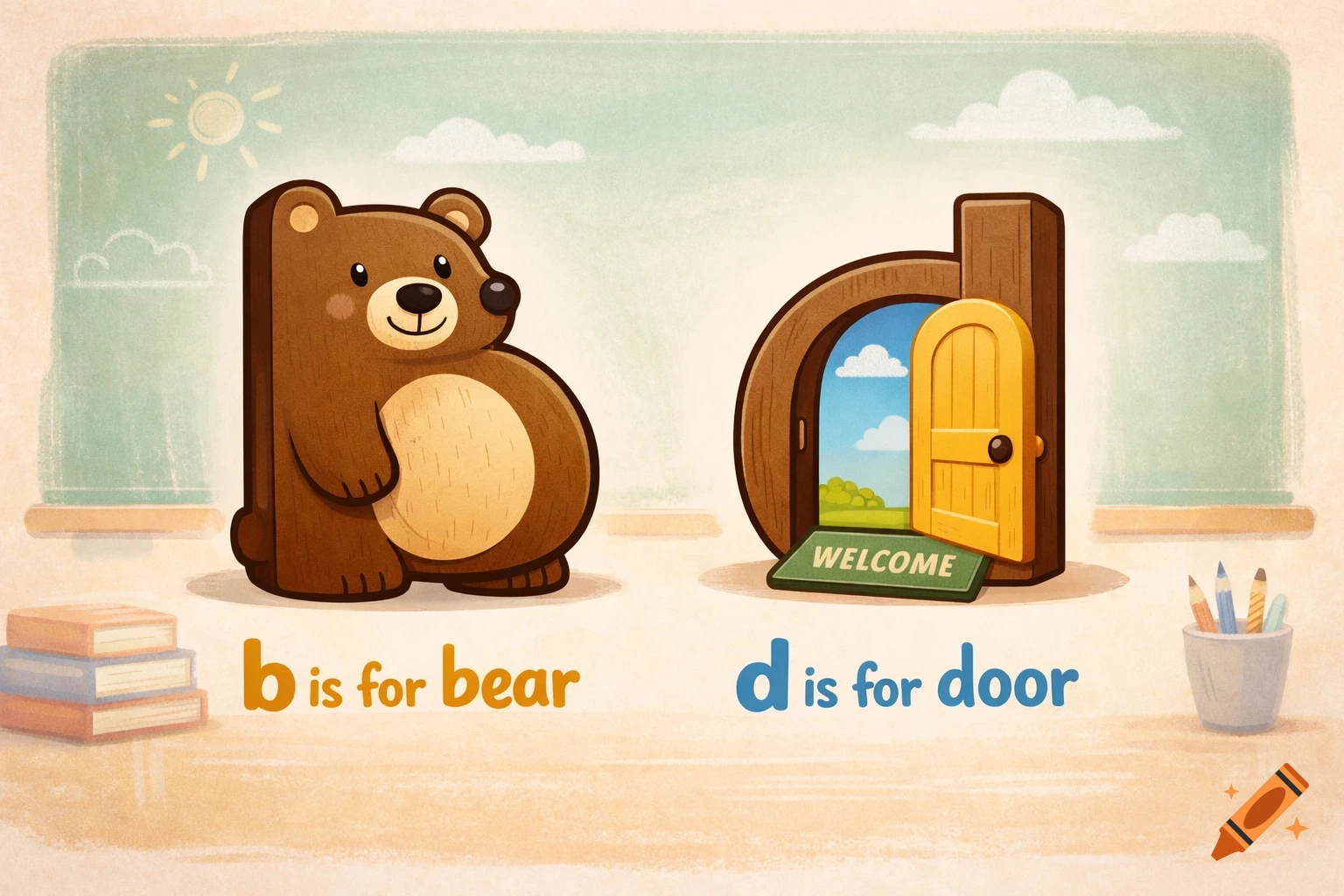 A cartoon 'b' shaped like a bear next to text "b is for bear", and a 'd' shaped like a door with "WELCOME" mat, next to "d is for door", in a classroom style.