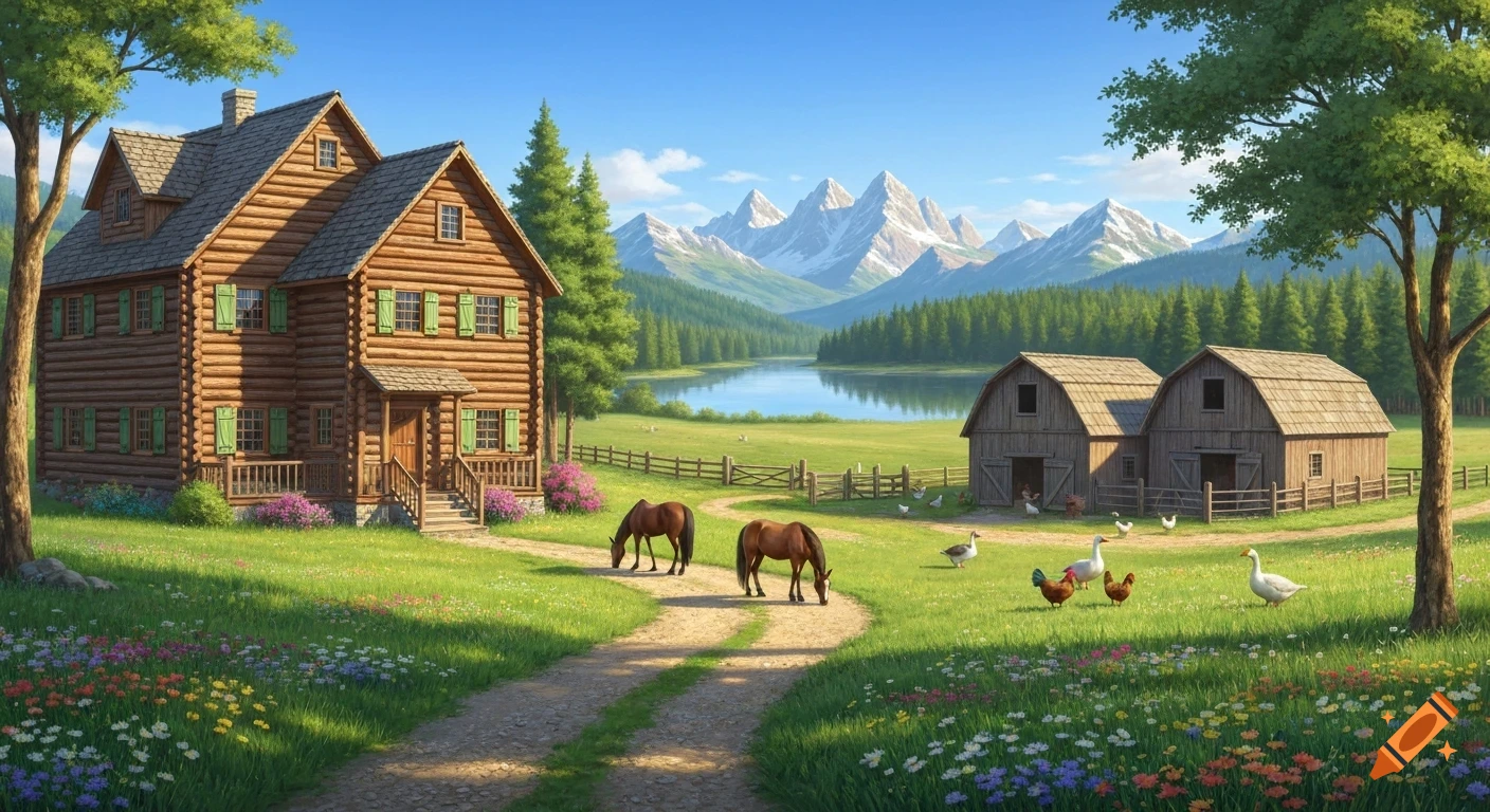 A sunny rural landscape featuring a log house, barns, horses grazing in a meadow, a lake, and snow-capped mountains.