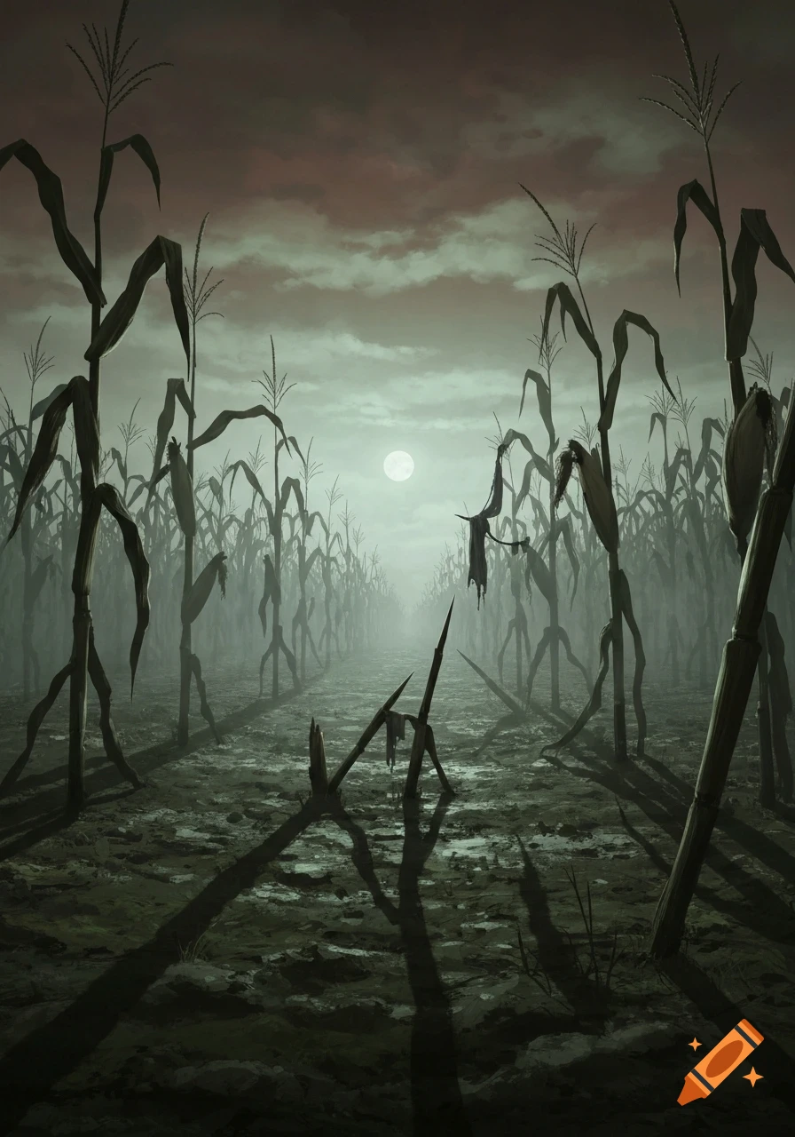 A creepy cornfield at night with gnarled stalks, long shadows, and a full moon illuminating a misty path.