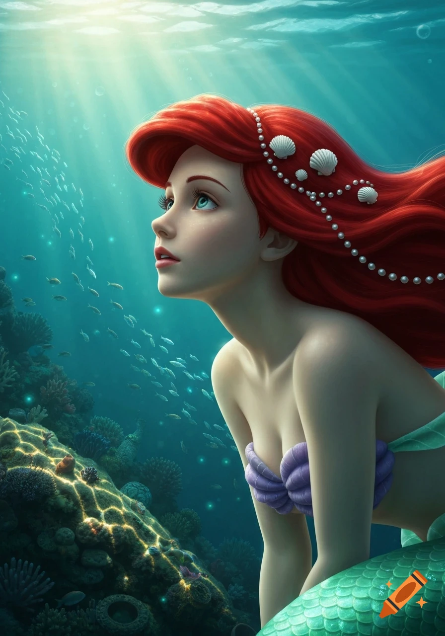 Red-haired mermaid with seashell hair decorations gazes upwards in a vibrant underwater scene with fish and coral.