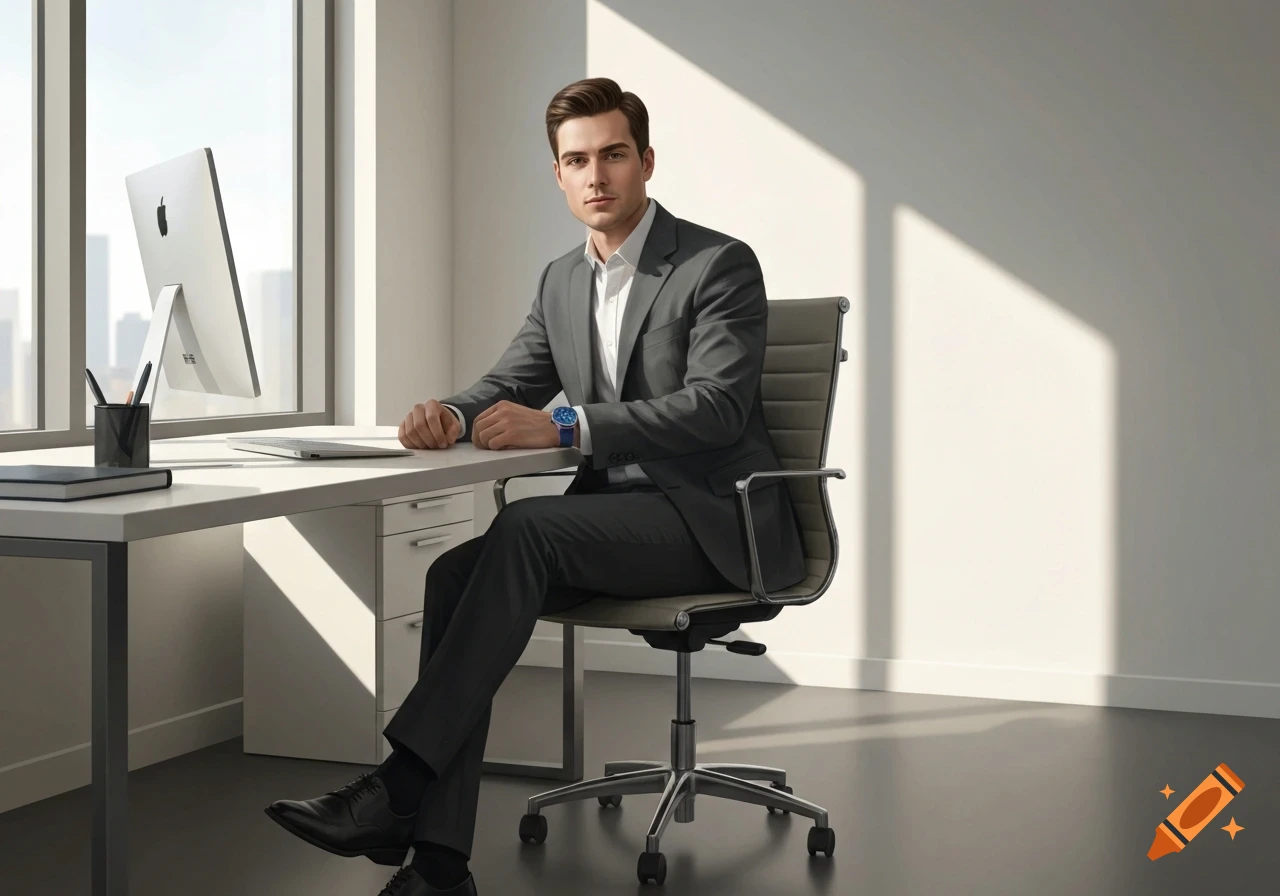 A young businessman in a dark suit sits at a modern office desk with a computer, looking at the viewer.