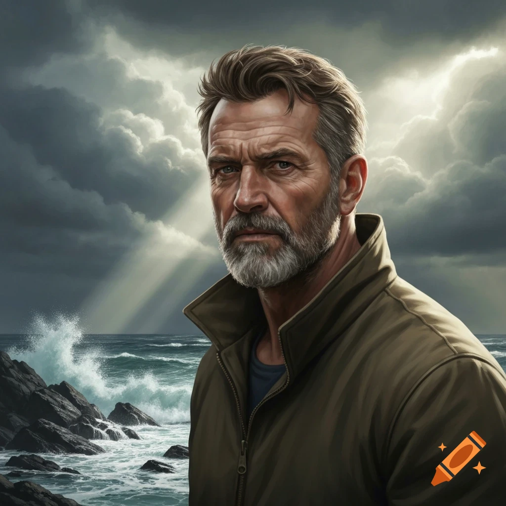 Photorealistic portrait of a serious man with a beard and short brown hair, against a stormy ocean backdrop with crashing waves.