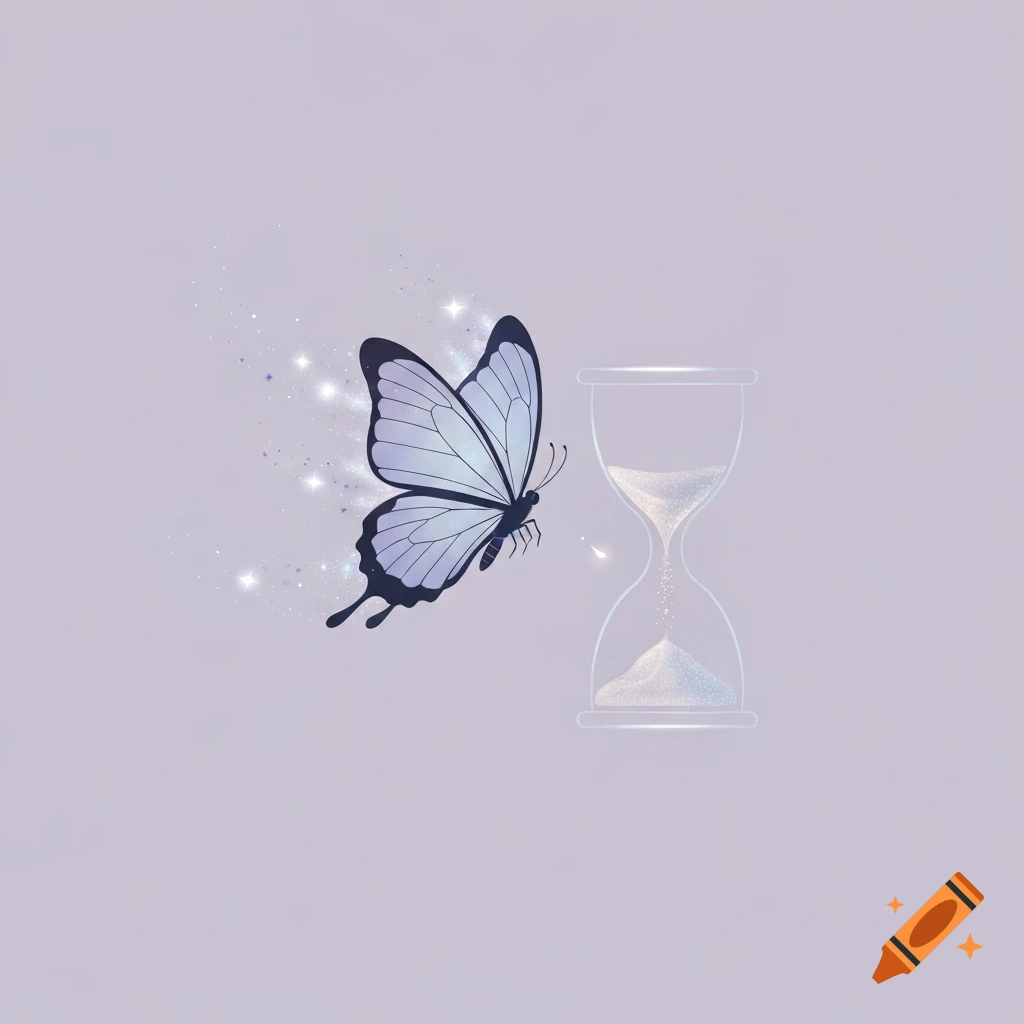 Minimalist illustration of a butterfly with sparkling wings flying next to a shimmering hourglass on a light purple background.