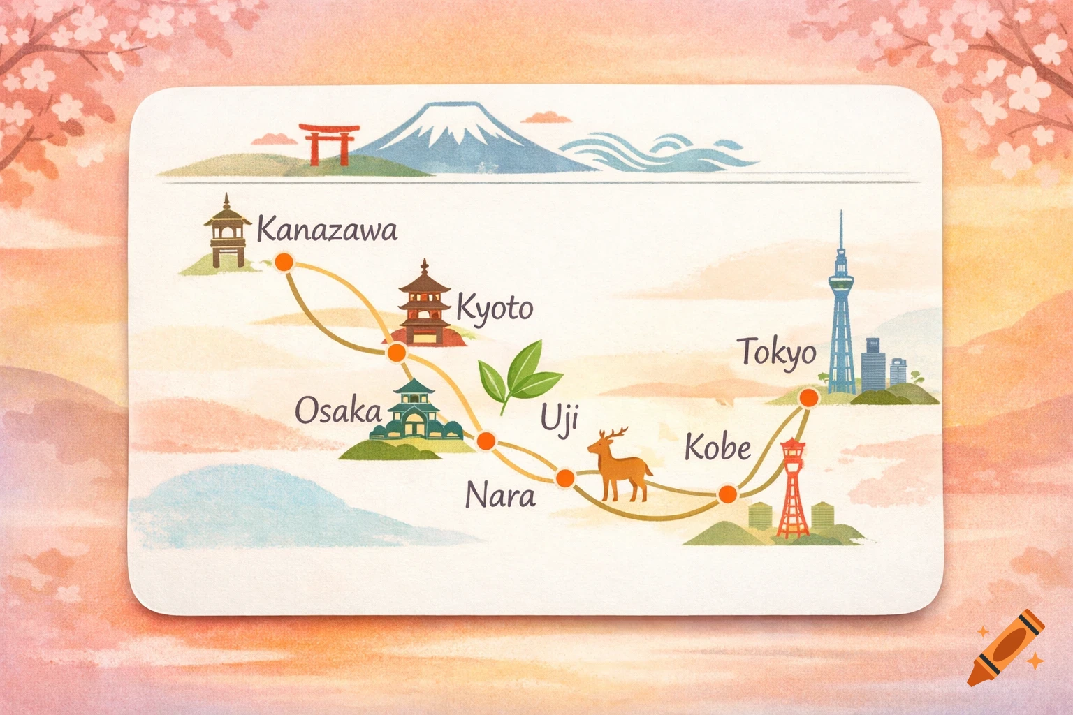 A watercolor-style travel map of Japan showing cities like Tokyo, Kyoto, Osaka, and their landmarks connected by a route.