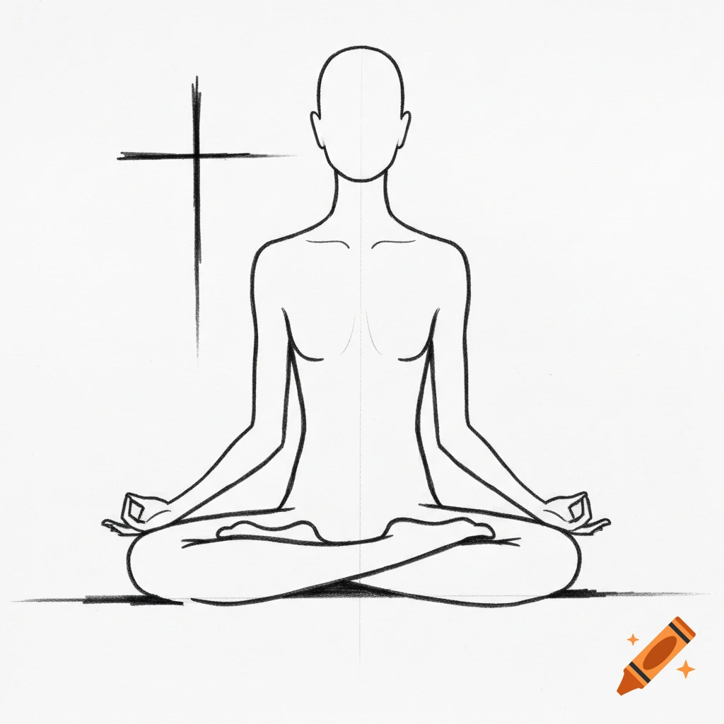 A simple black outline sketch of a person sitting cross-legged in meditation, with a cross symbol to their left.