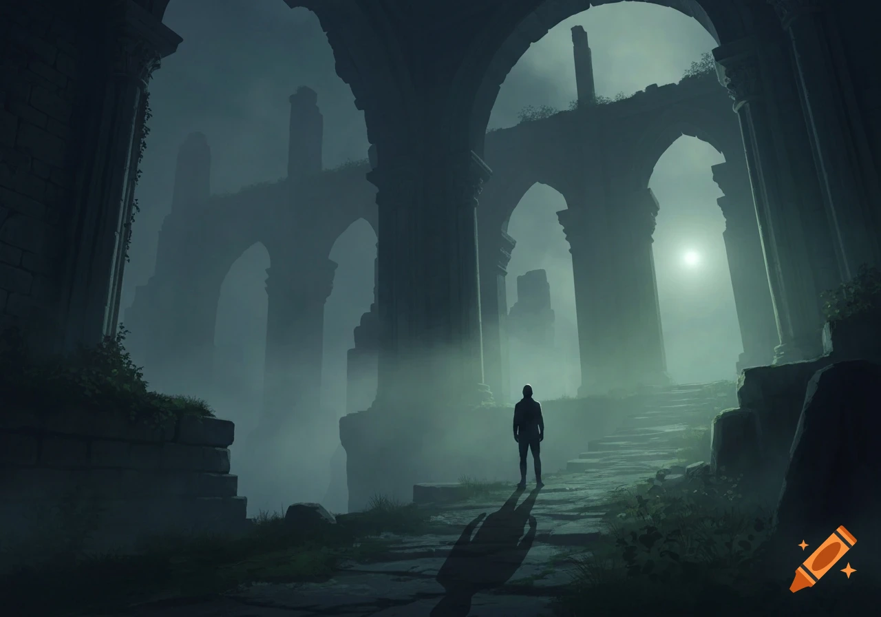 A lone figure stands on a misty stone path within vast, ruined arches and columns under a glowing moon, creating a dark, mysterious atmosphere.