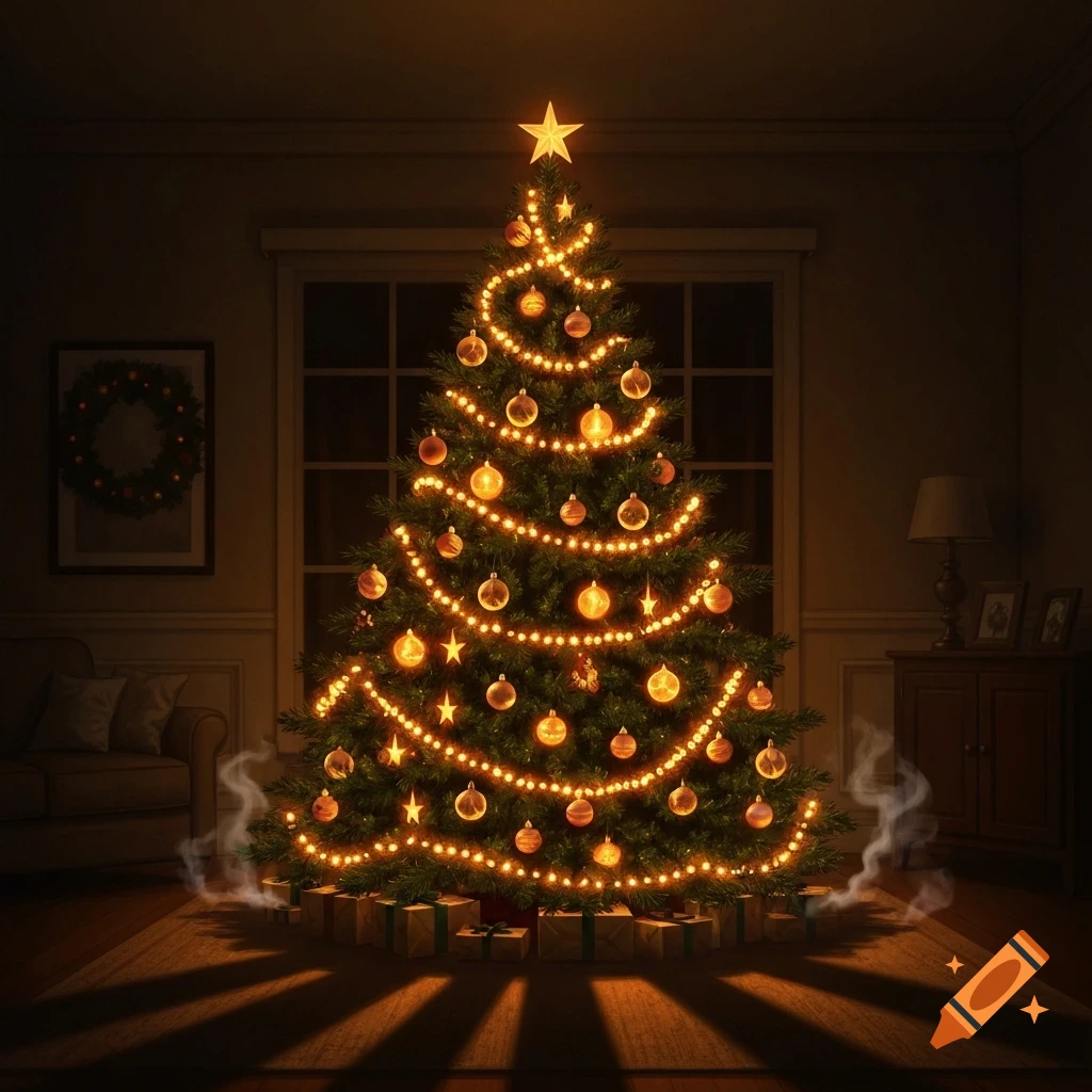 A brightly lit Christmas tree with golden lights and ornaments stands in a dark room with gifts at its base, emitting subtle smoke.