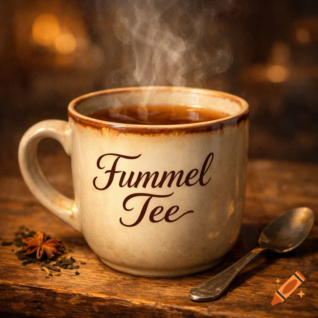 Steaming cup of tea with 'Fummel Tee' on a rustic wooden table, with star anise and a spoon, photorealistic.