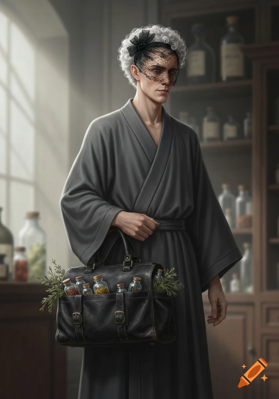 A lanky person in dark gray robes and a black veil holds a black medic bag filled with herbs and tinctures, standing in an apothecary.