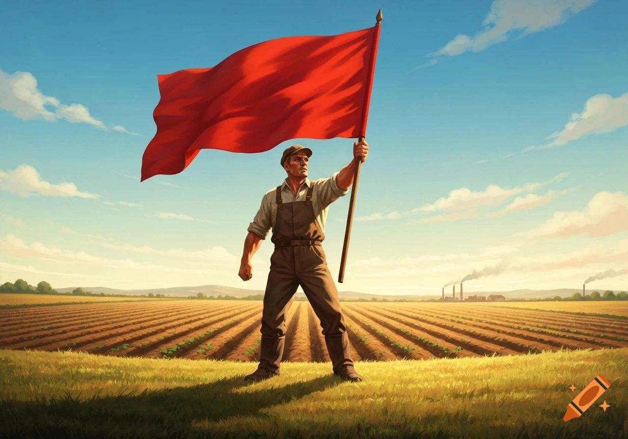 A strong man in overalls holds a large red flag aloft in a sunlit field, with factories in the distance, in the style of socialist realism.