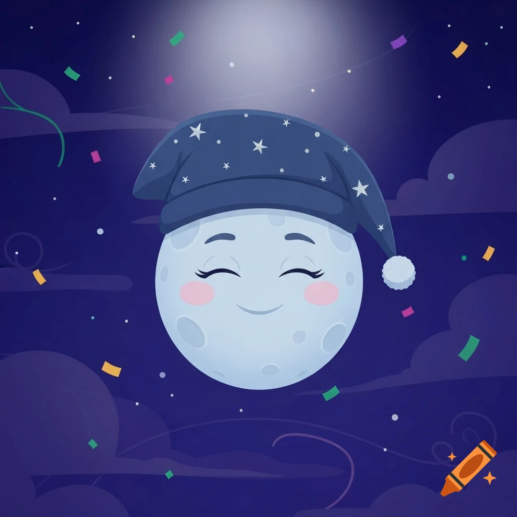 A 2D cartoon moon wearing a blue sleeping cap, smiling with closed eyes, in a starry night sky with colorful confetti.
