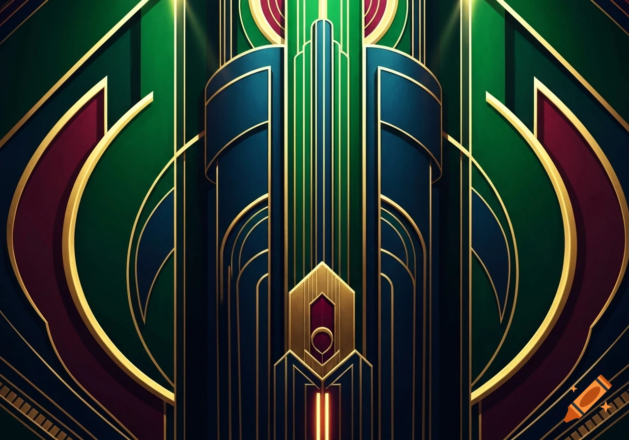 Abstract Art Deco design with metallic gold lines, deep green, blue, and red geometric shapes, and a central glowing accent.