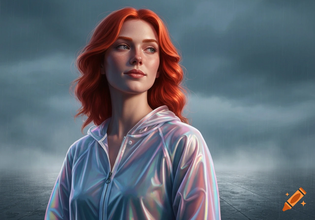 Photorealistic portrait of a redhead woman in an iridescent raincoat looking aside in rainy weather.