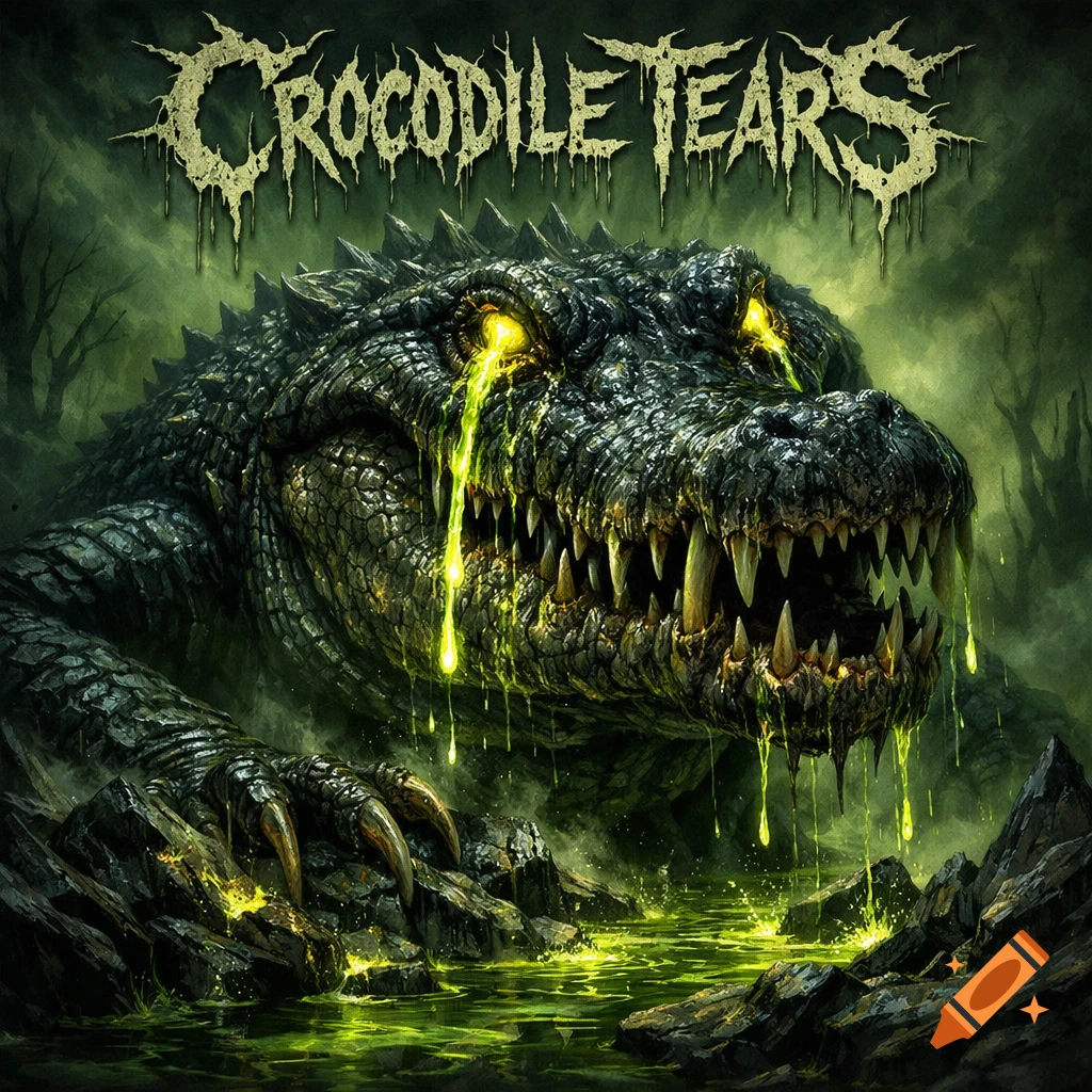 A monstrous crocodile with glowing yellow eyes and green slime dripping, in a dark swamp, resembling a deathcore album cover.