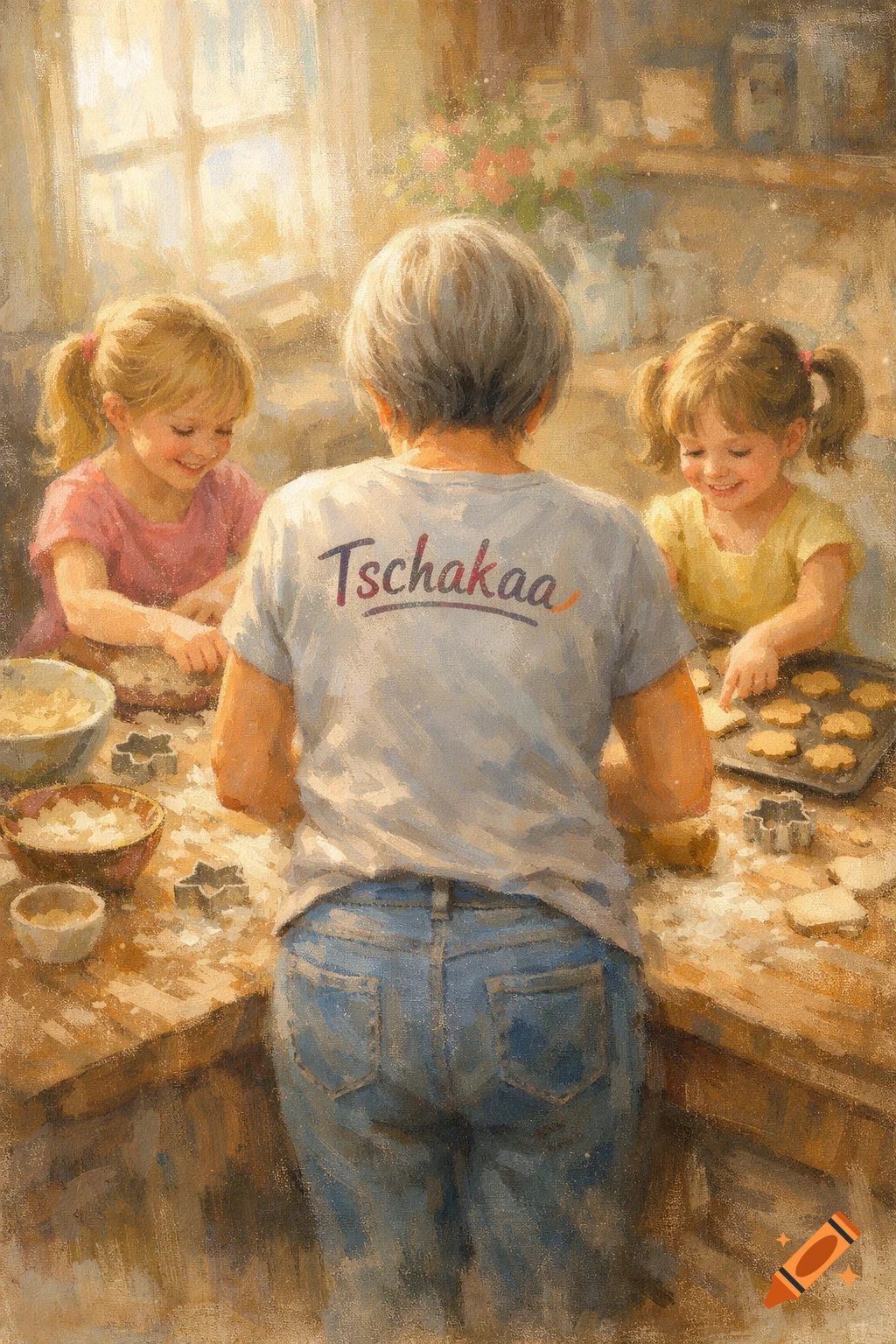 An older woman bakes cookies with two smiling young girls in a sunlit kitchen, painted in an impressionistic style.