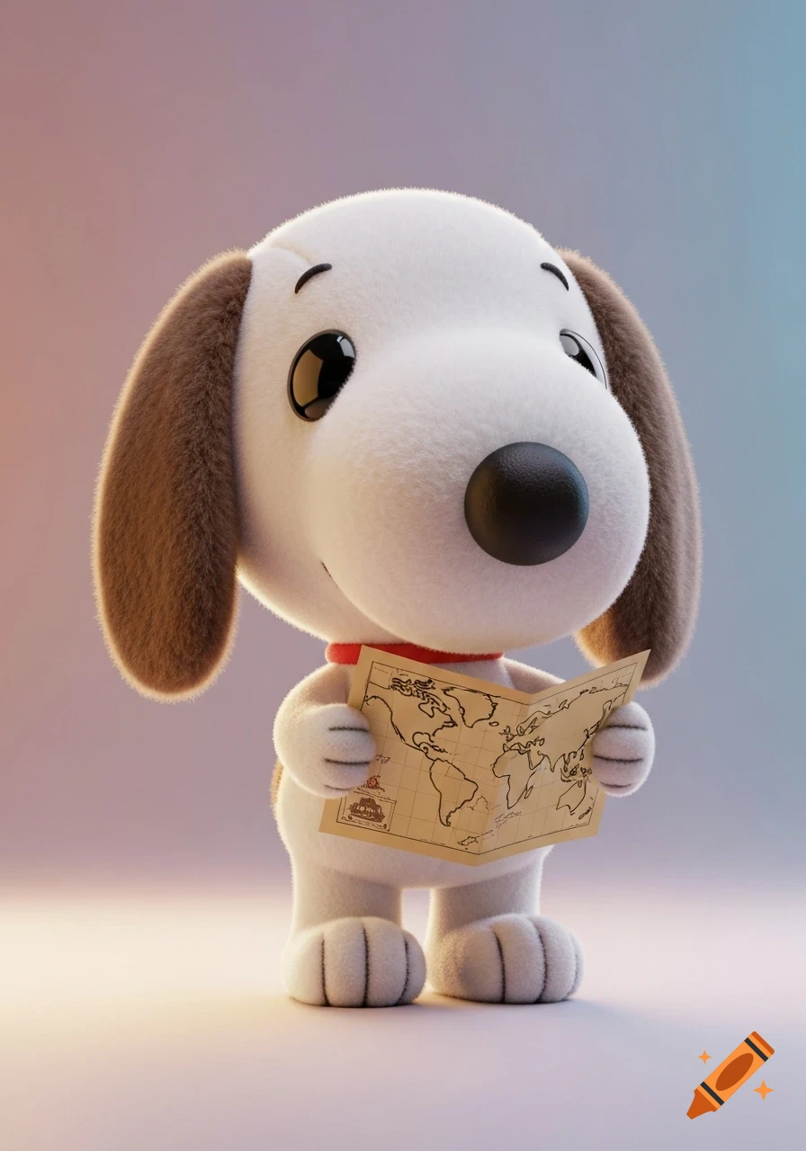 A fluffy, cute Snoopy plush toy with a red collar holding and looking at a world map.