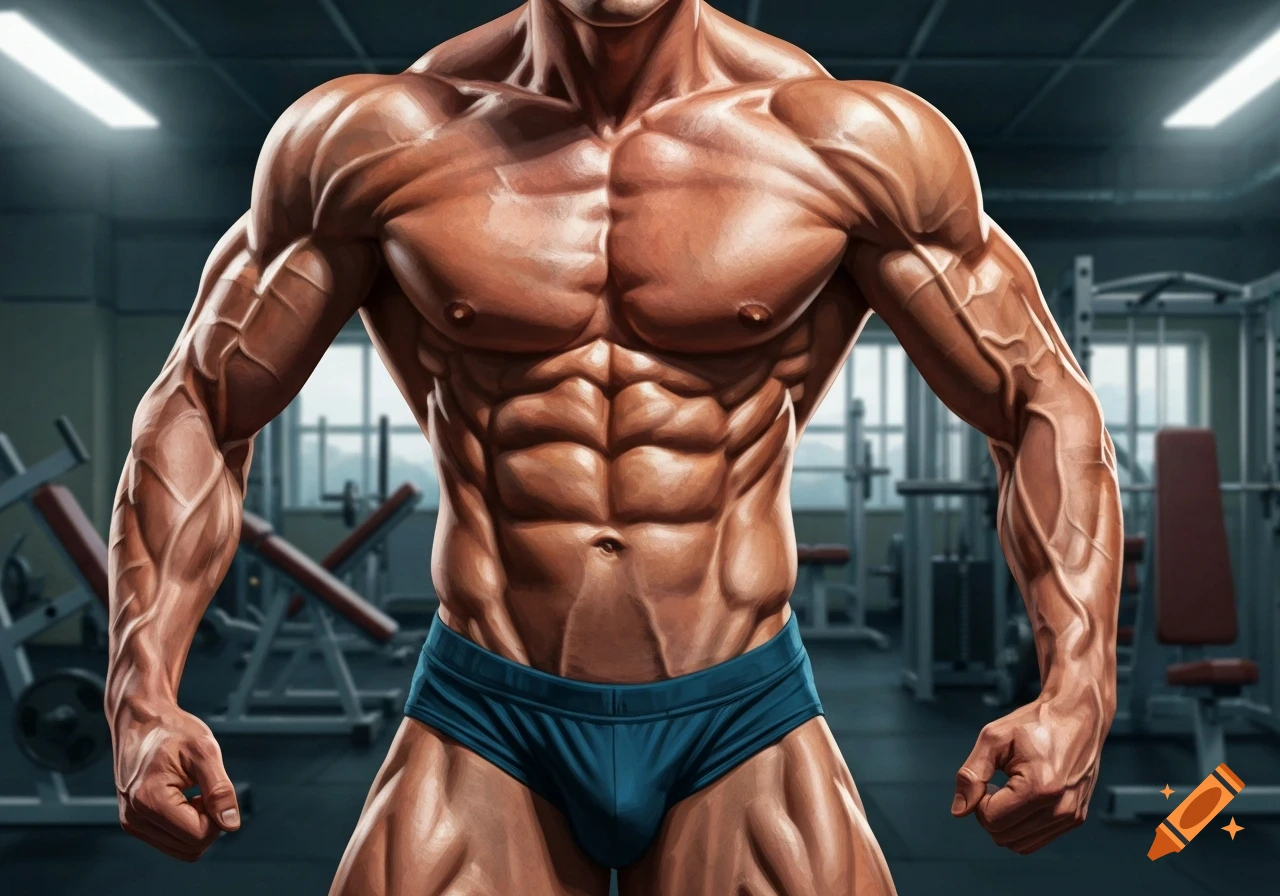 A heavily muscled male bodybuilder in blue trunks poses in a gym.