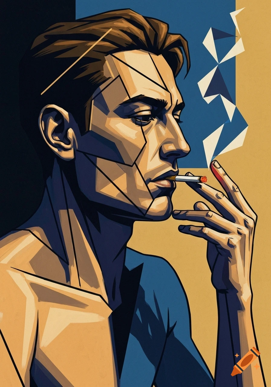 Cubist style portrait of a man with geometric lines on his face, smoking a cigarette.