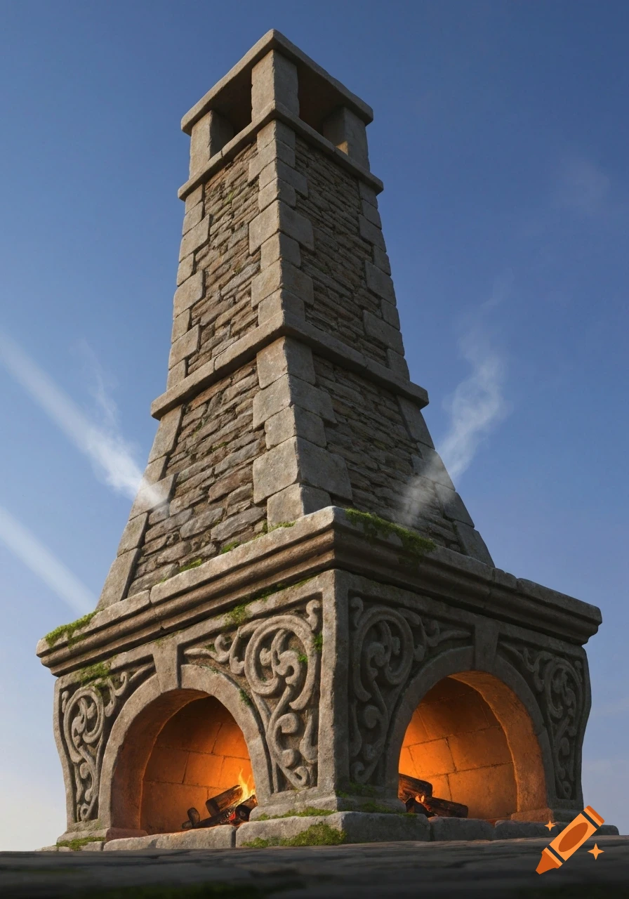 A tall, ornate stone fireplace with two arched fireboxes holding burning logs, emitting smoke against a clear blue sky.