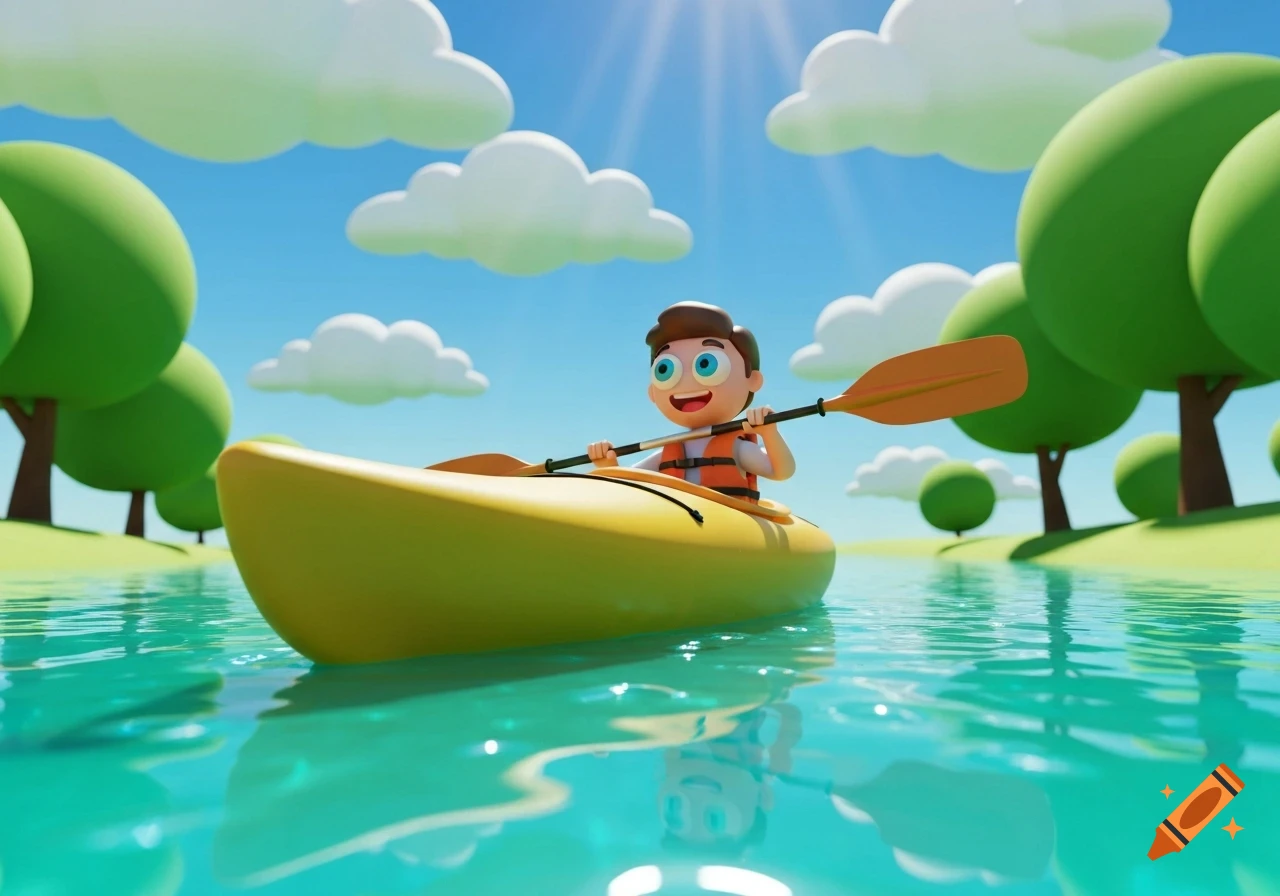 A smiling 3D cartoon boy in a life vest kayaks on a sunny river surrounded by stylized trees and clouds.