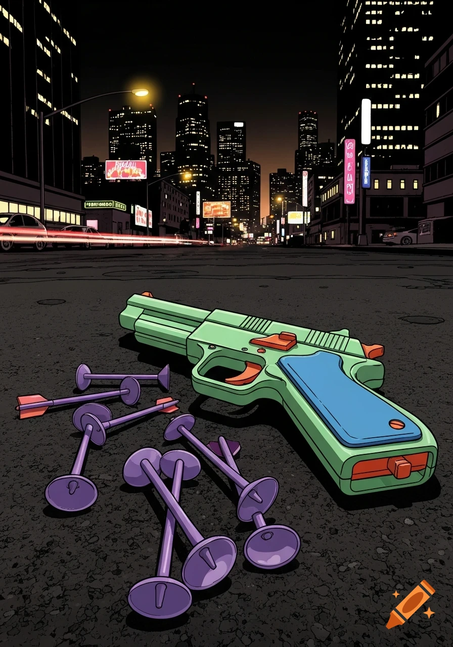 A green and blue toy pistol with orange accents lies on a dark street, surrounded by purple plastic suction cup arrows. A dark city skyline with illuminated buildings and streaking car lights forms the background, in a hand-drawn, comic book style.