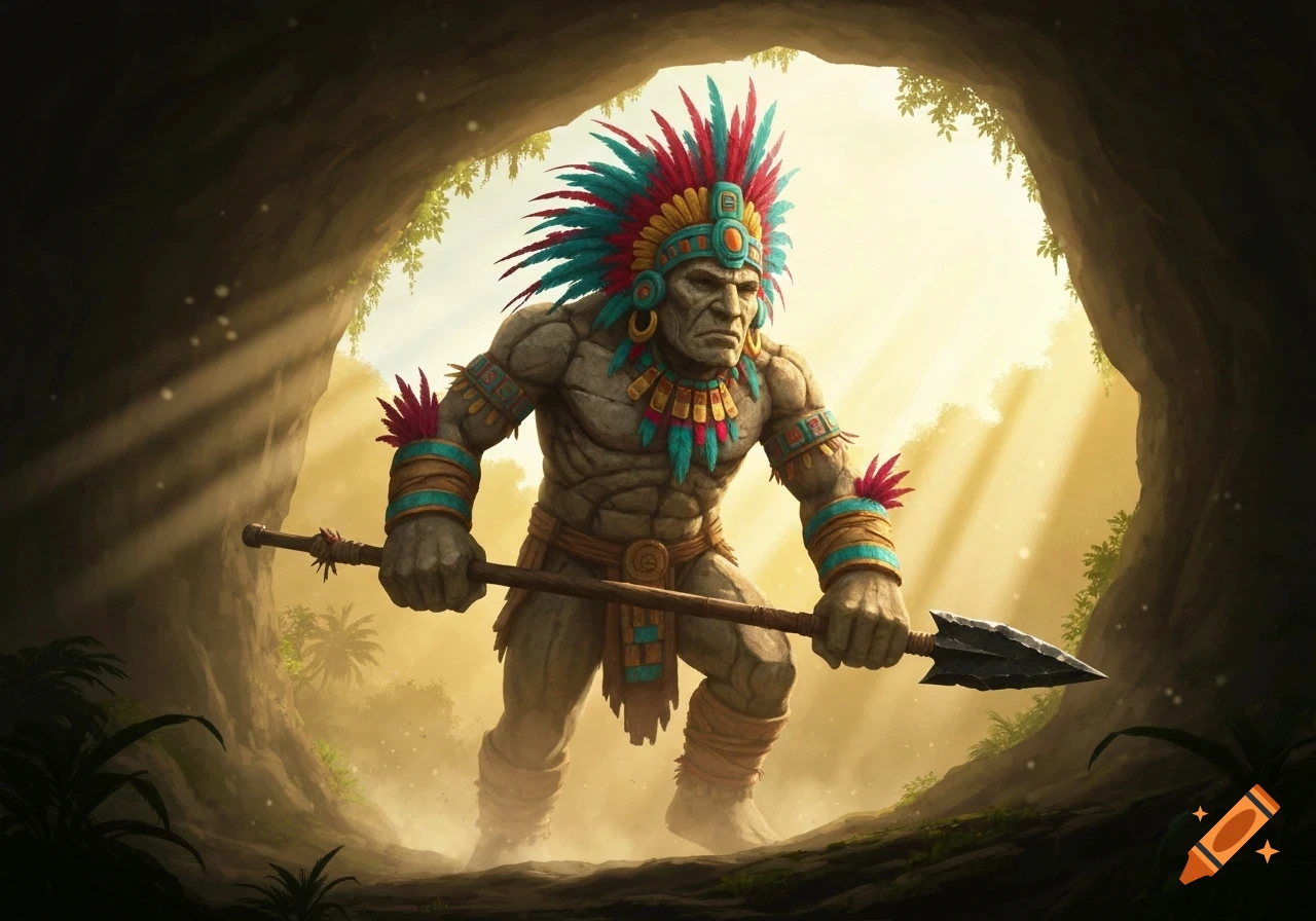 Muscular stone giant with colorful feathered headdress and spear emerges from a cave into sunlight, fantasy illustration.
