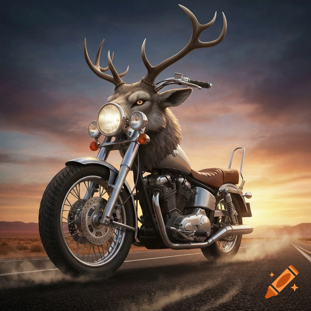 A photorealistic custom motorcycle featuring a deer head and antlers as its front, driving on a desert road at sunset.