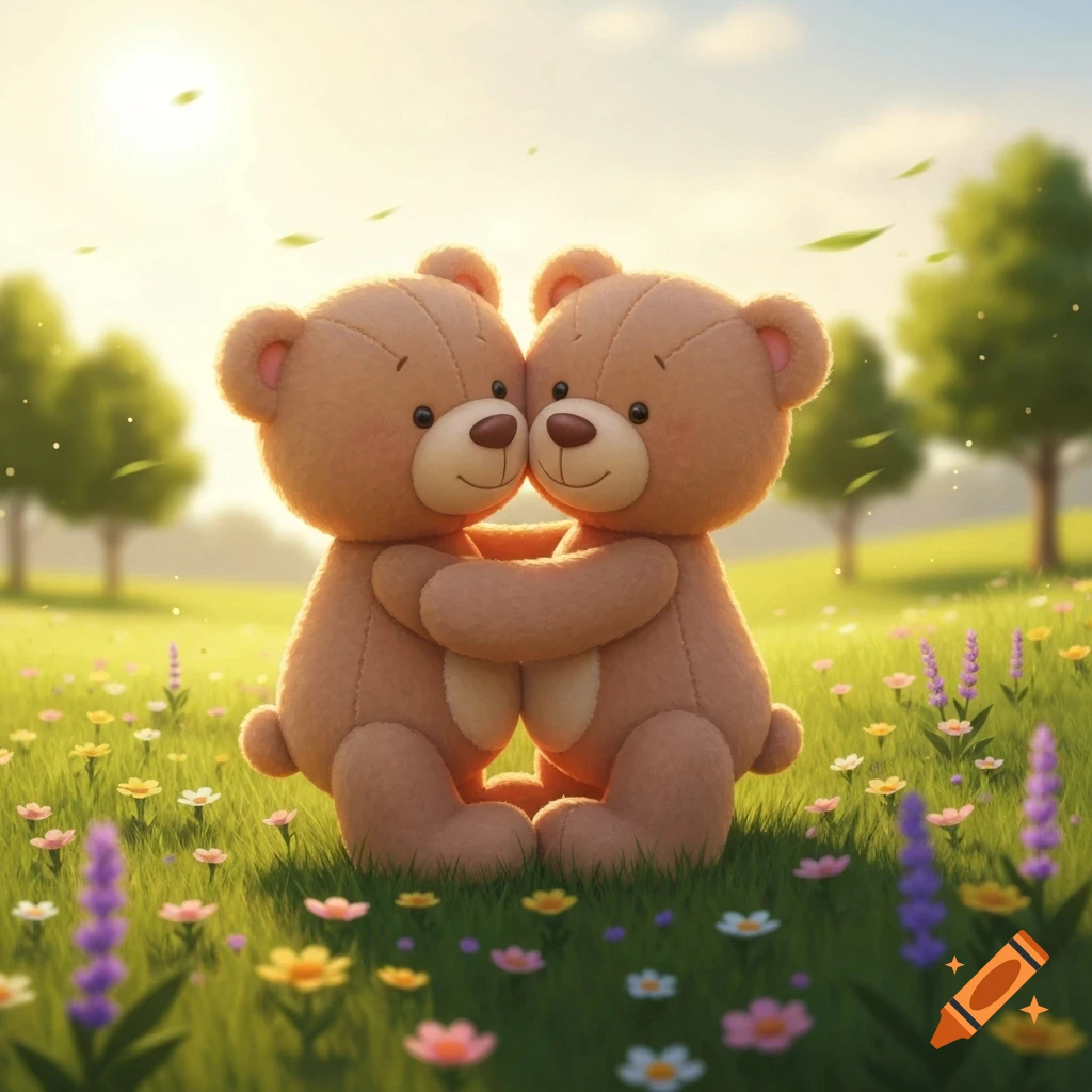 Two fluffy teddy bears hug each other affectionately in a sunny flower meadow filled with colorful wildflowers.