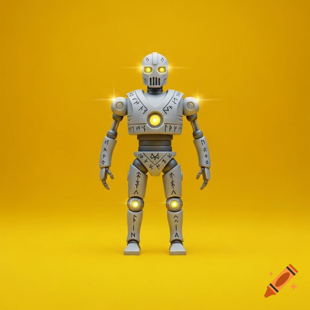 A stylized white robot with glowing yellow eyes and chest, covered in ancient Germanic runes, standing against a bright yellow background.