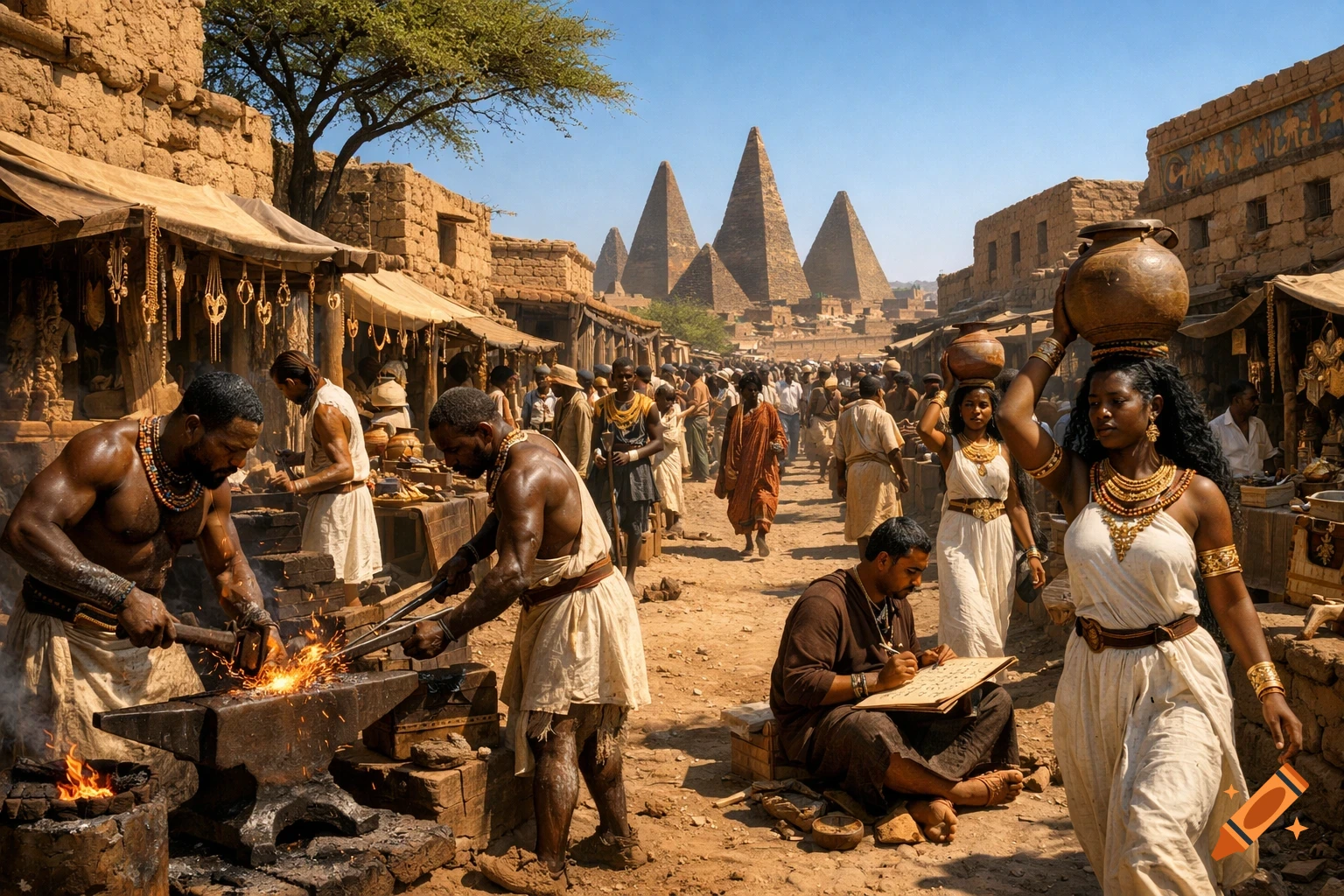 Photorealistic scene of daily street life in the ancient city of Mero G1, with people, buildings, and Nubian pyramids in the distance.