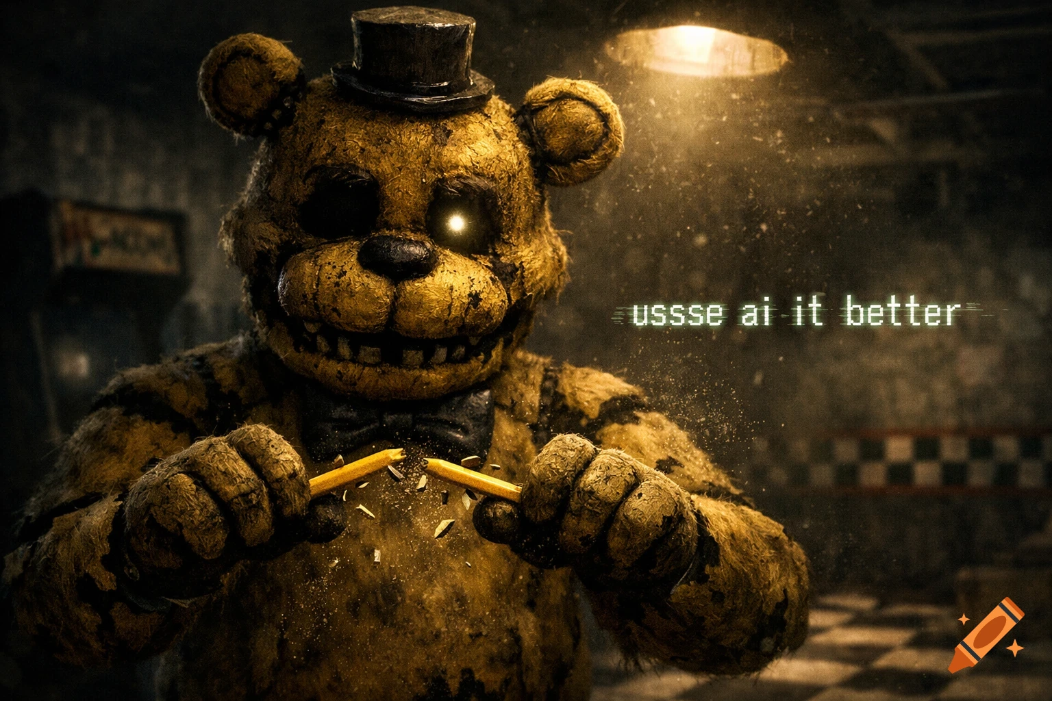 A menacing, dirty Golden Freddy animatronic breaks a yellow pencil in a dark, gritty room with glowing text "ussse ai it better".